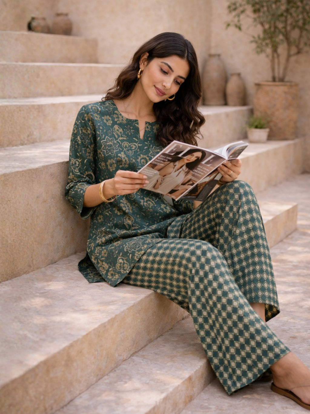 Teal Botanical Jaal  Pure Cotton Round neck Co-ord set