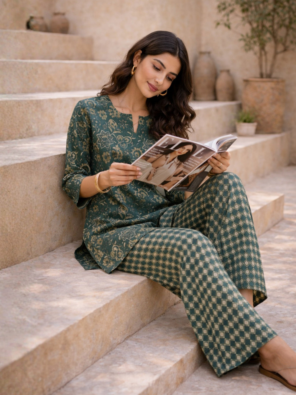 Teal Botanical Jaal  Pure Cotton Round neck Co-ord set