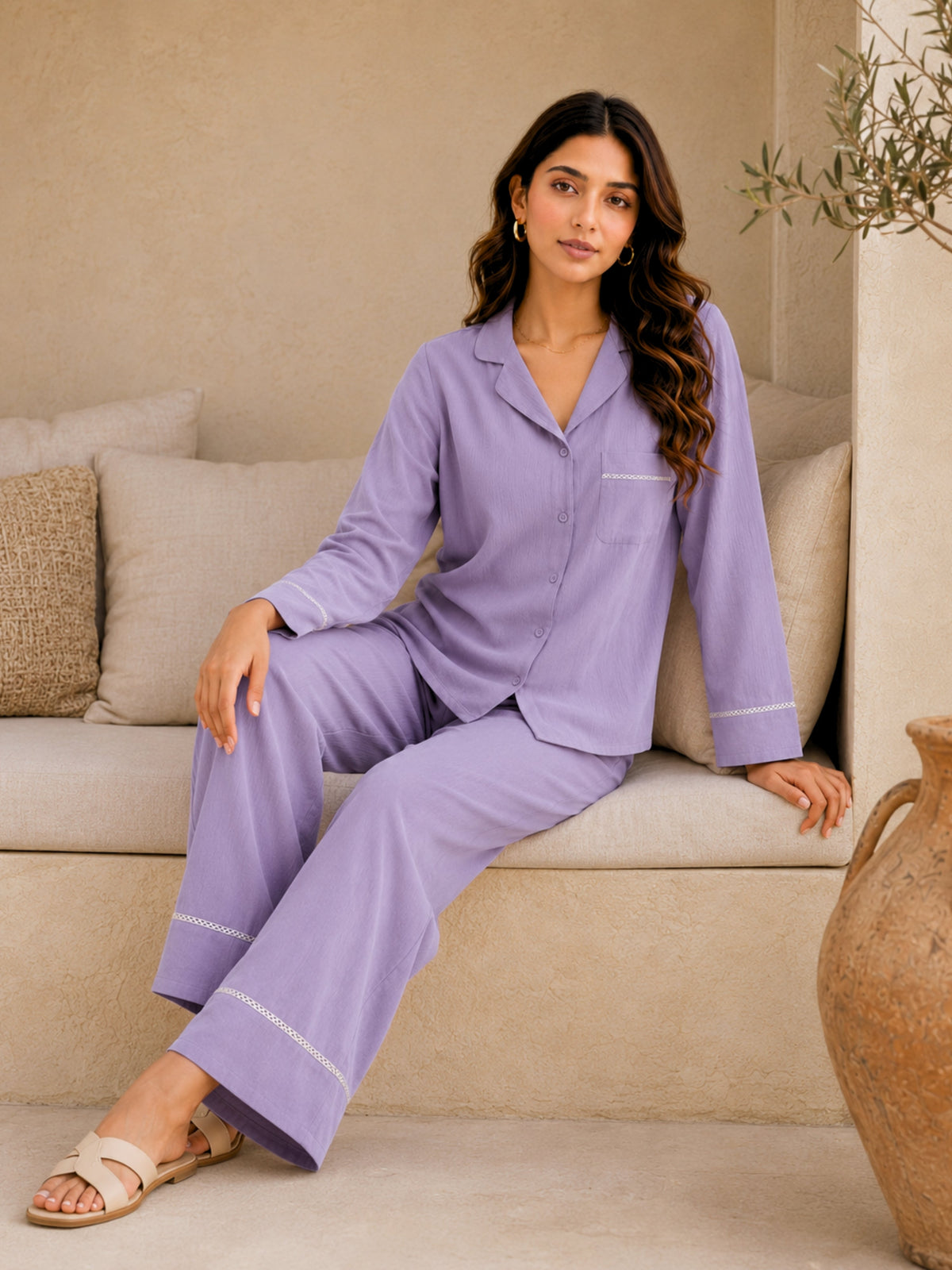 Lavender Soft Crepe Night Suit for Women