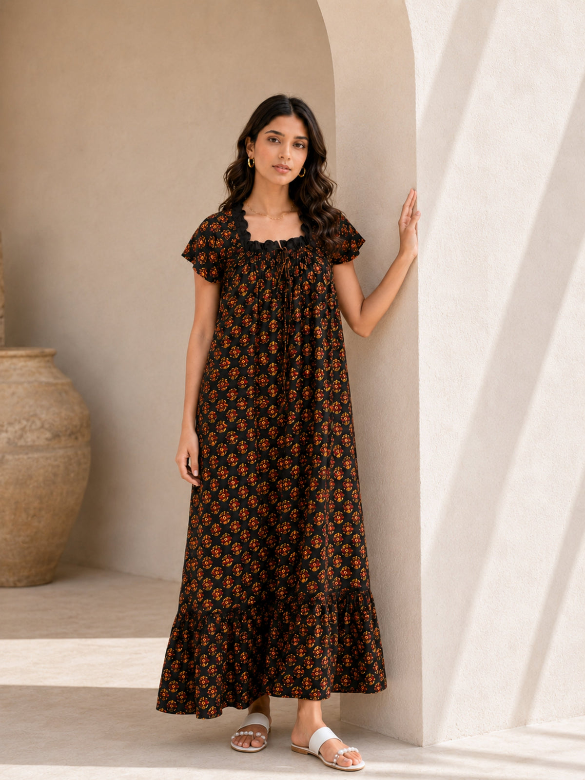 Black Buta Pure Cotton Tie-Up Square Neck Night Maxi for Women