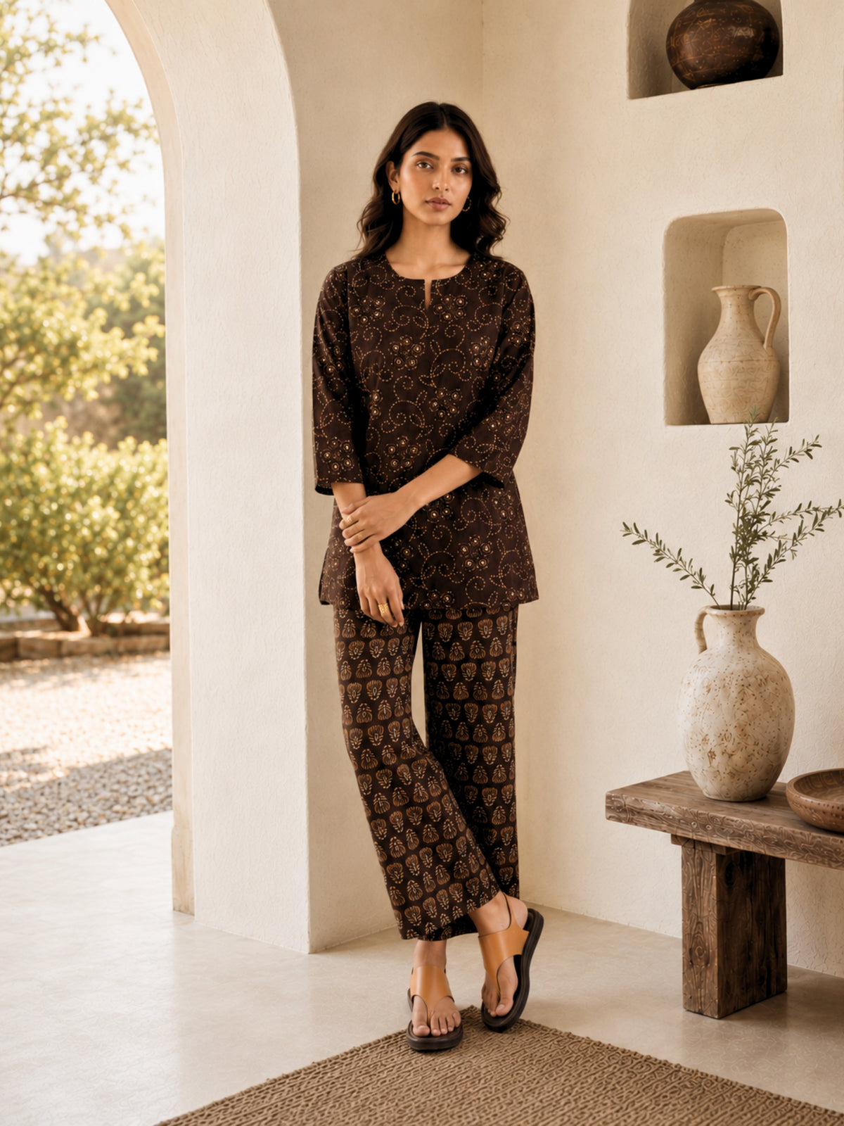 Brown Bandhani Jaal  Print Pure Cotton Round neck Co-ord set