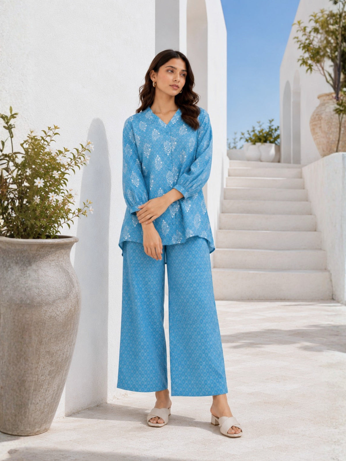 back pleated Sky Blue Pure Cotton Loungewear