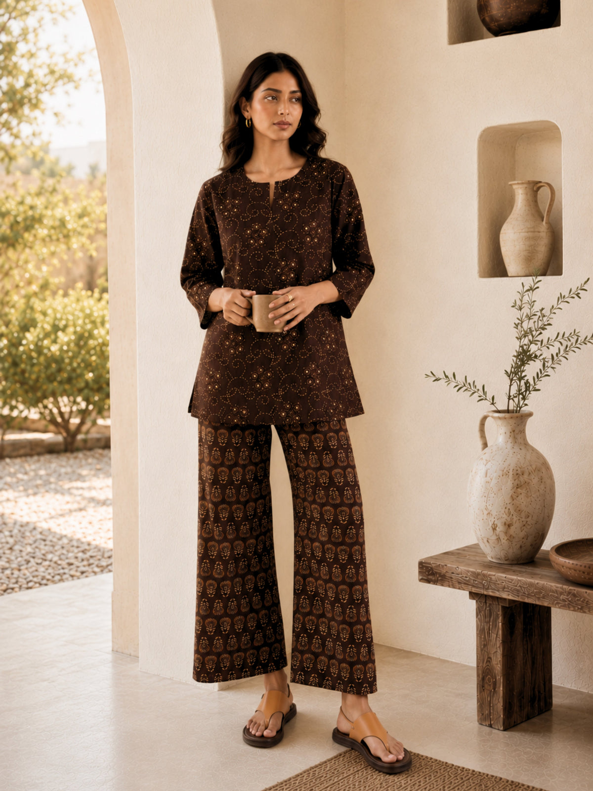 Brown Bandhani Jaal  Print Pure Cotton Round neck Co-ord set