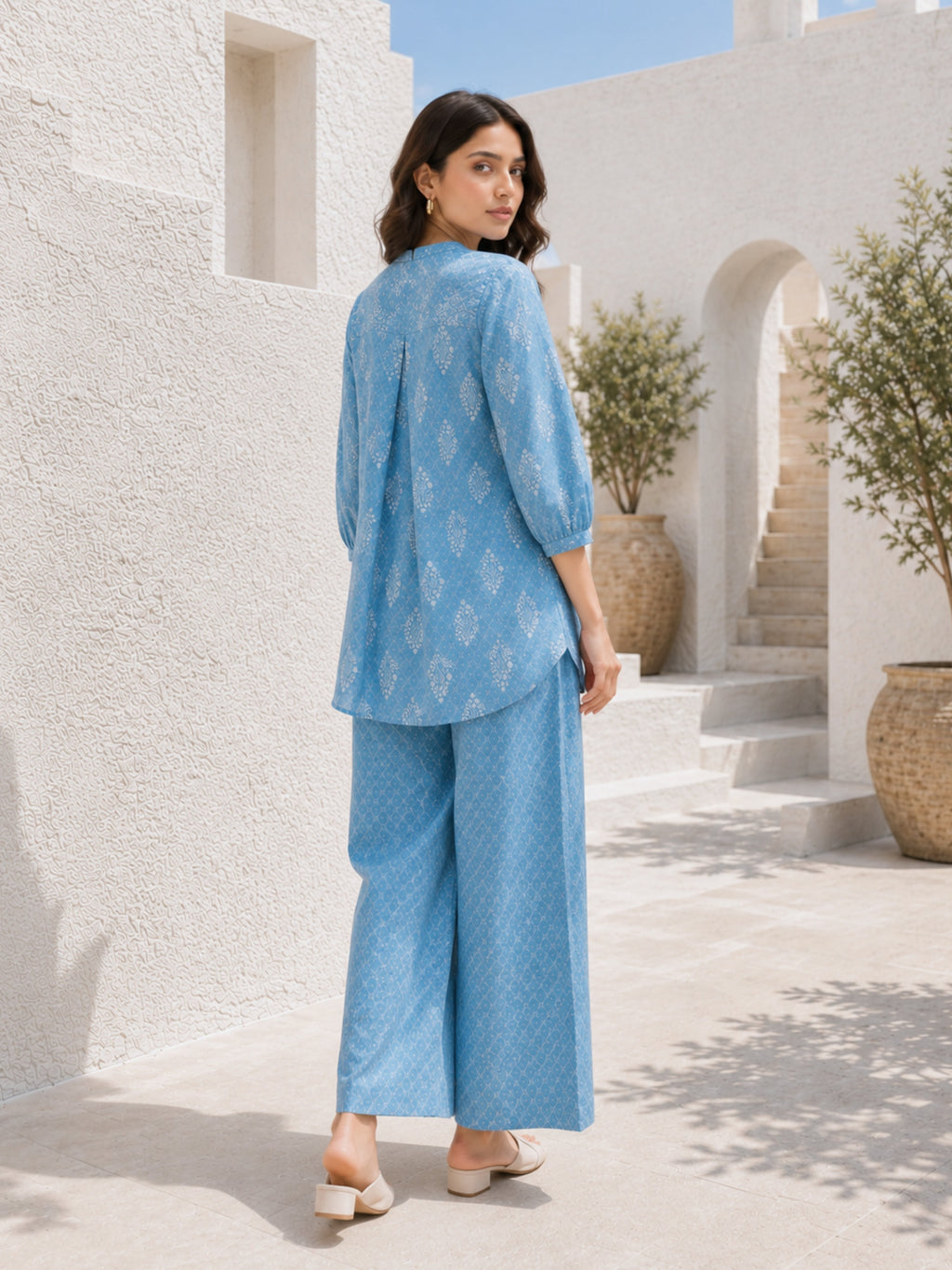back pleated Sky Blue Pure Cotton Loungewear