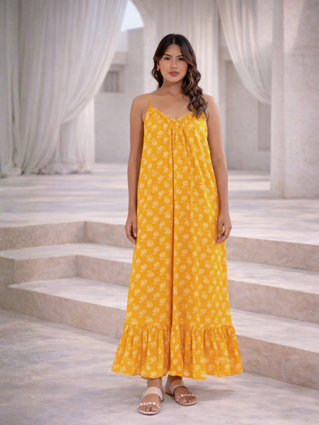 Yellow Fable Pure Cotton Ghera Night Maxi