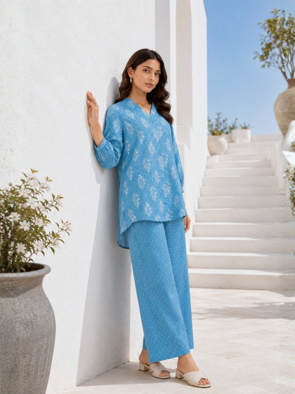 back pleated Sky Blue Pure Cotton Loungewear