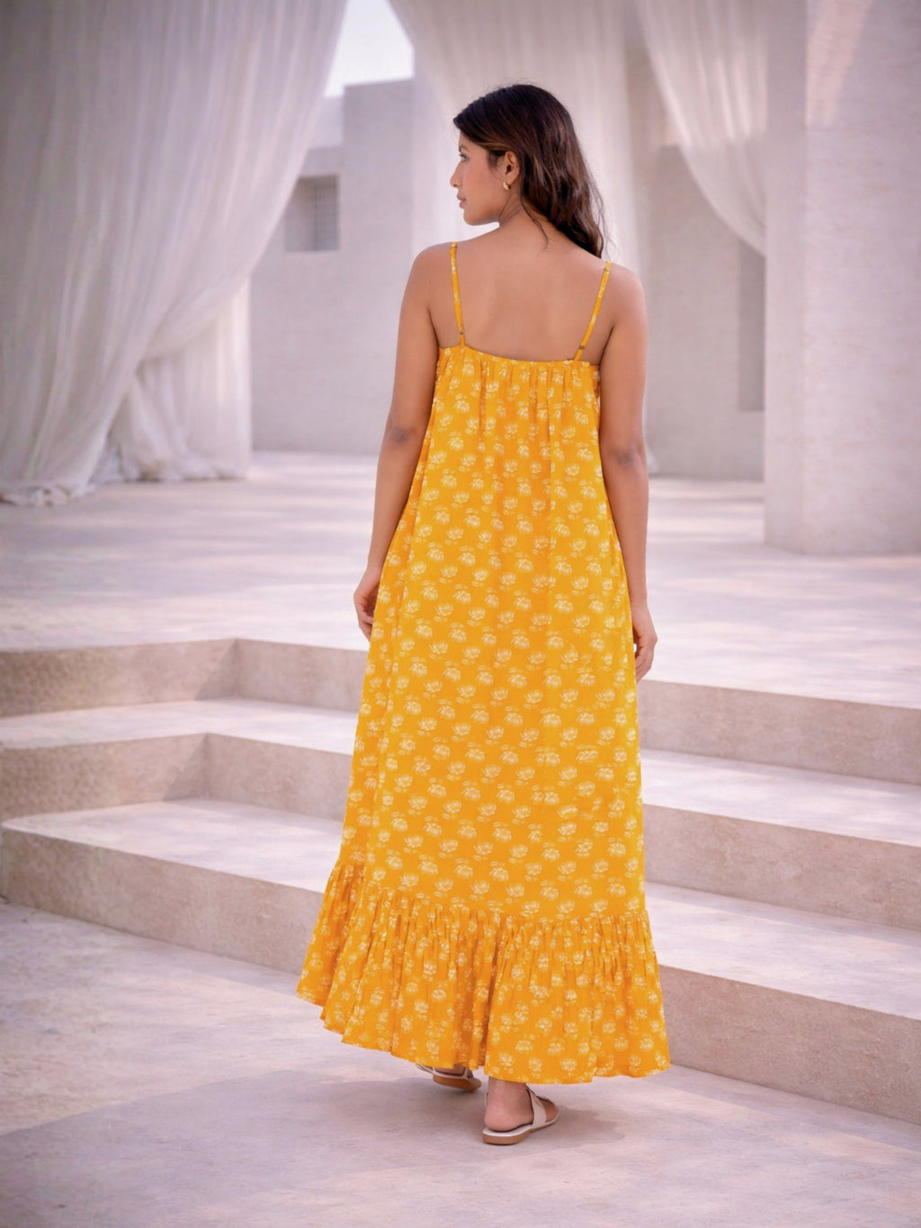 Yellow Fable Pure Cotton Ghera Night Maxi