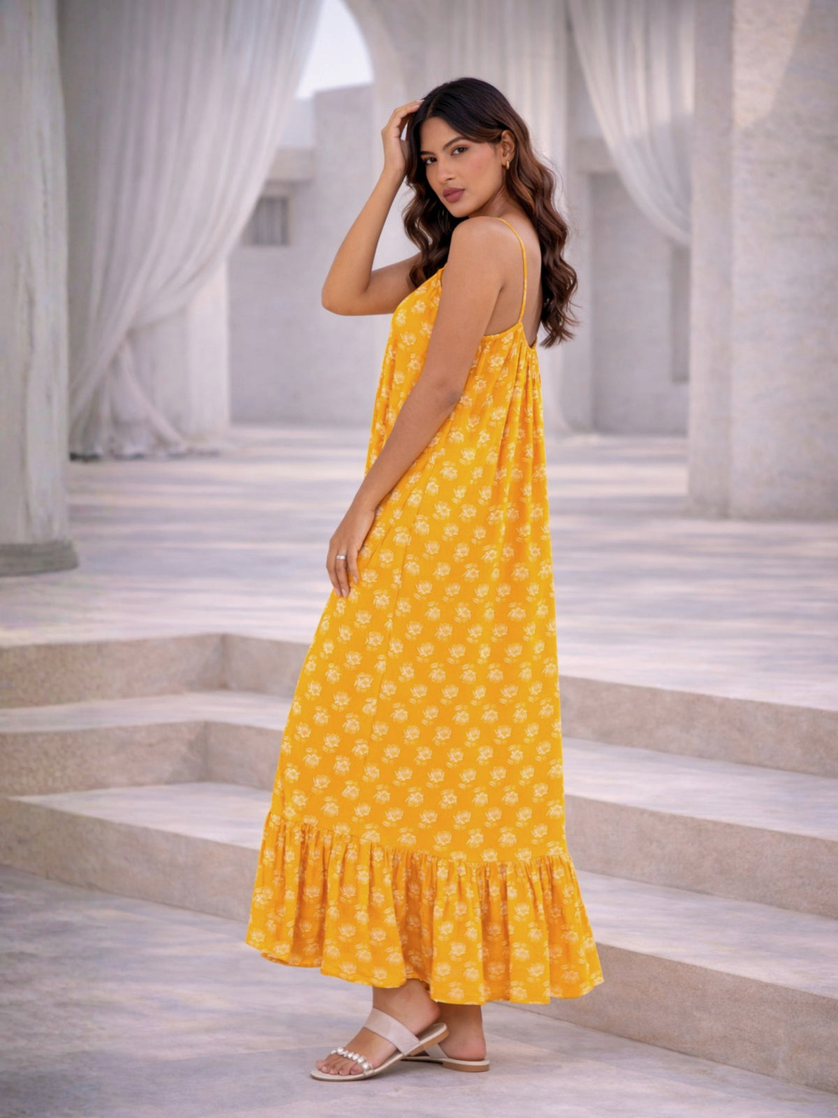 Yellow Fable Pure Cotton Ghera Night Maxi