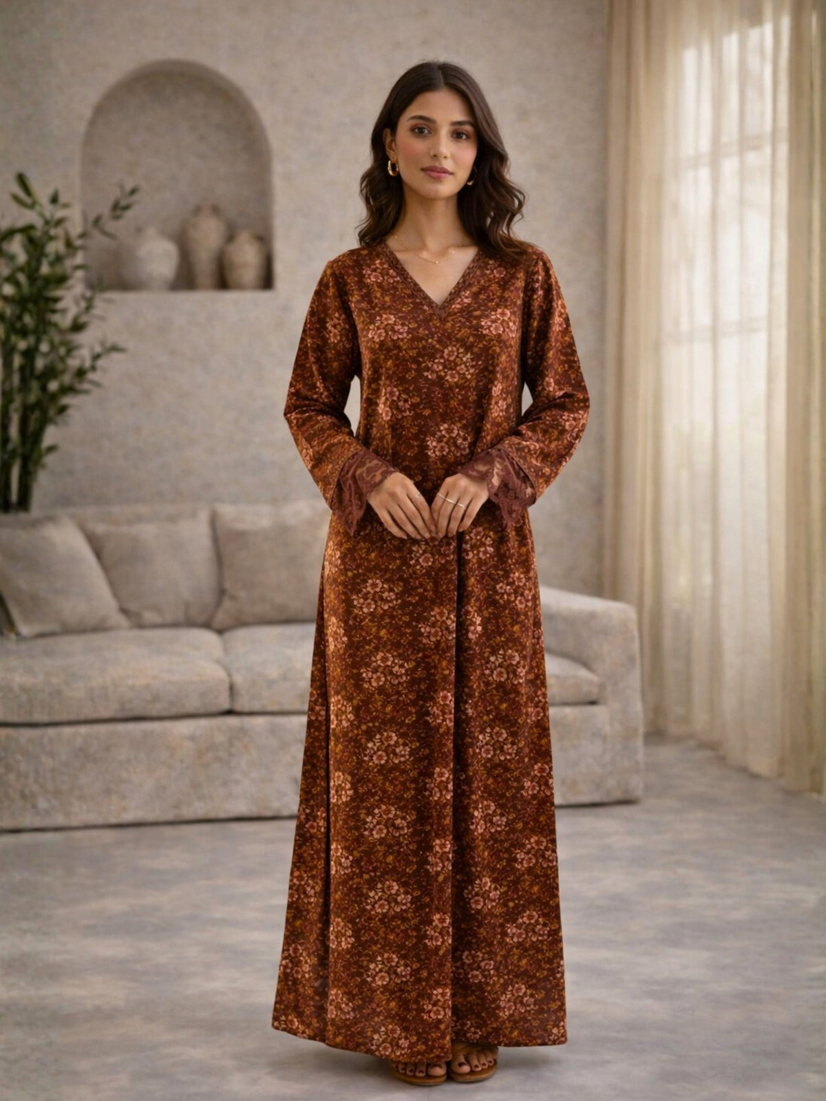 Maroon Rosy Dreams lace Pure Cotton V neck Night Maxi