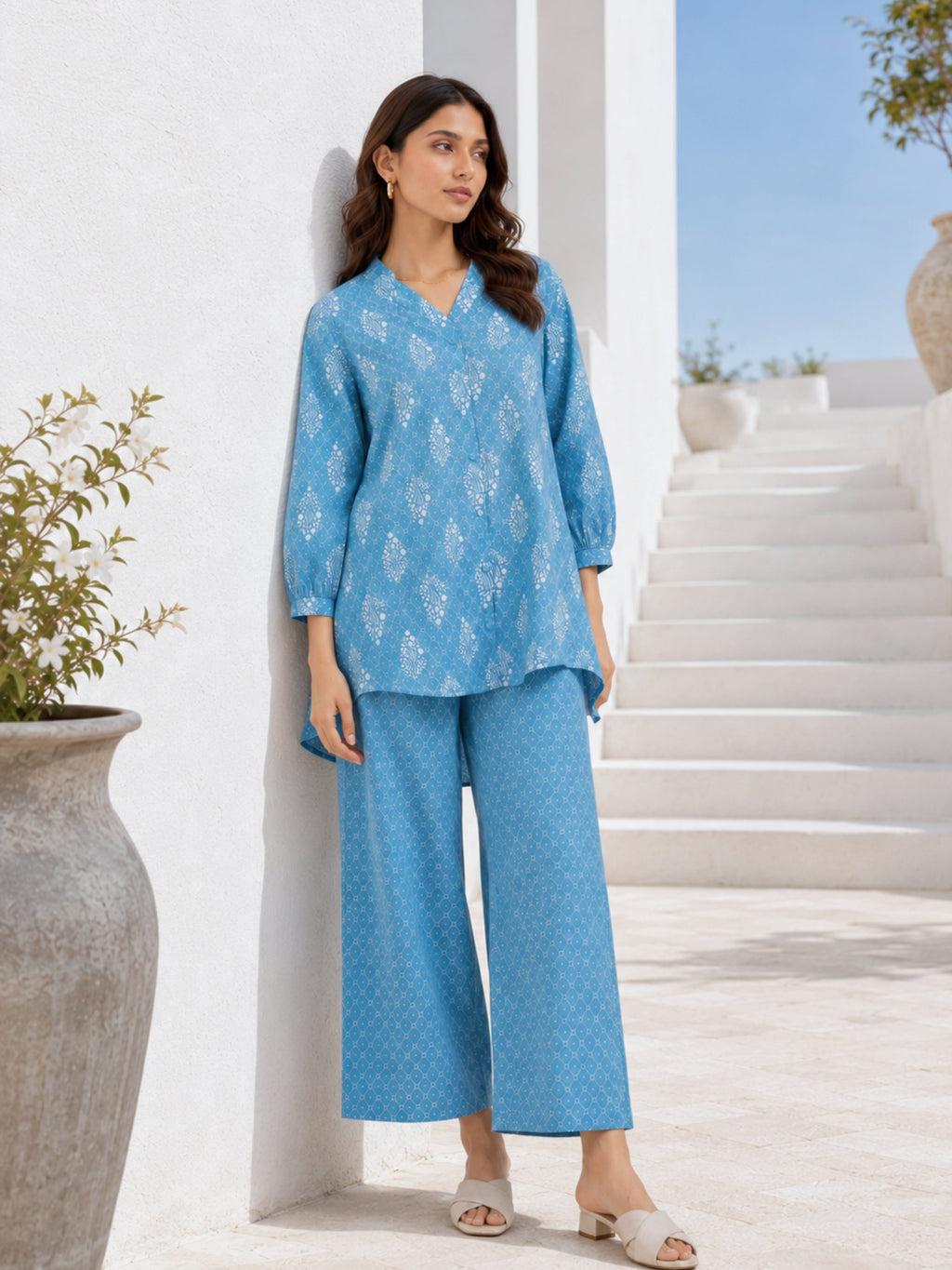 back pleated Sky Blue Pure Cotton Loungewear