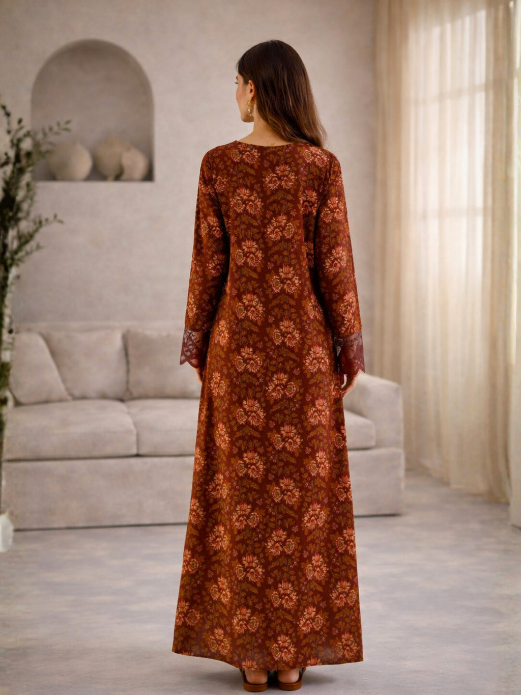 Maroon Rosy Dreams lace Pure Cotton V neck Night Maxi
