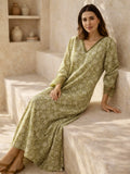 Olive Green Dazzel Floral Pure Cotton V neck Night Maxi