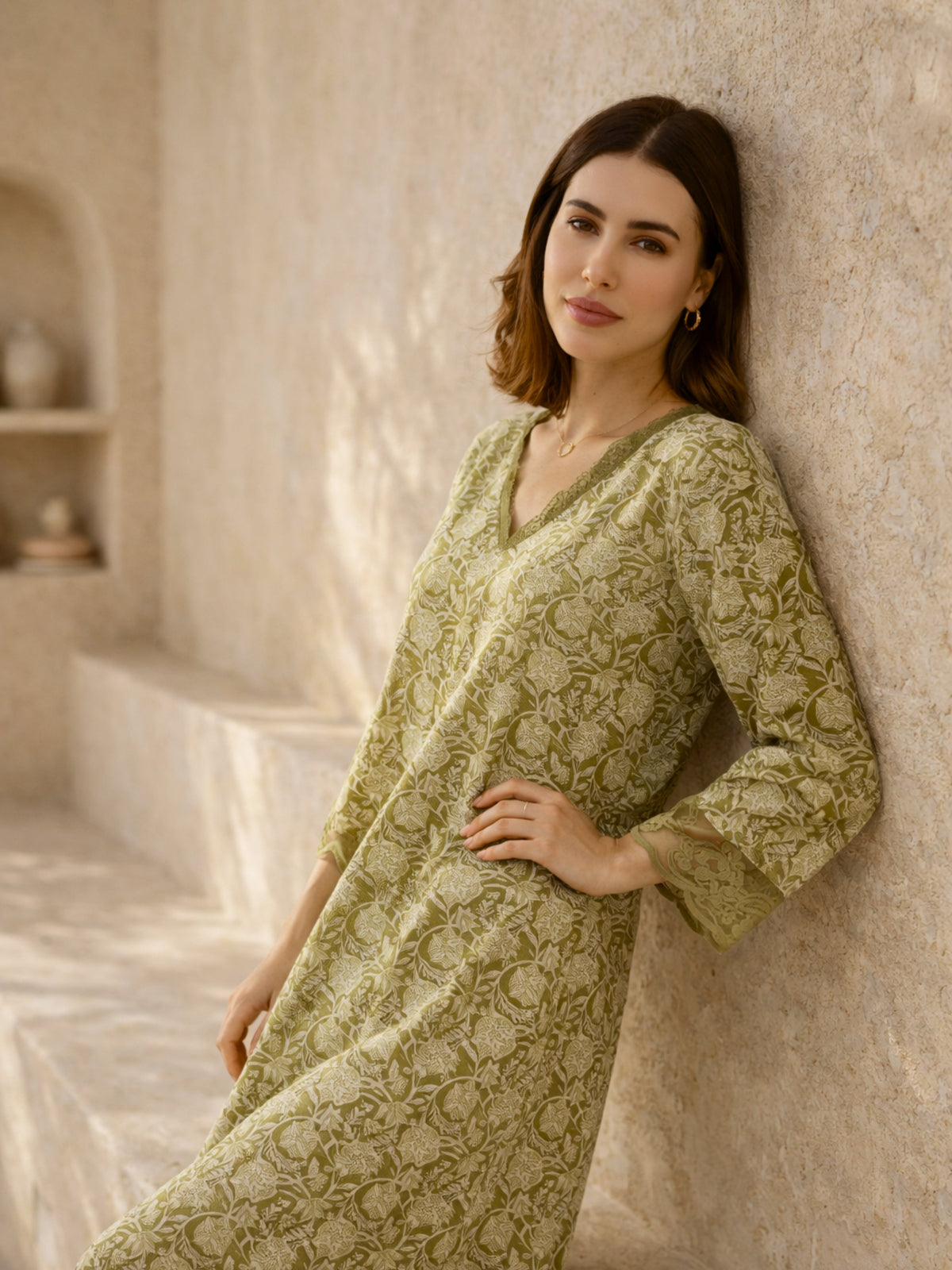 Olive Green Dazzel Floral Pure Cotton V neck Night Maxi