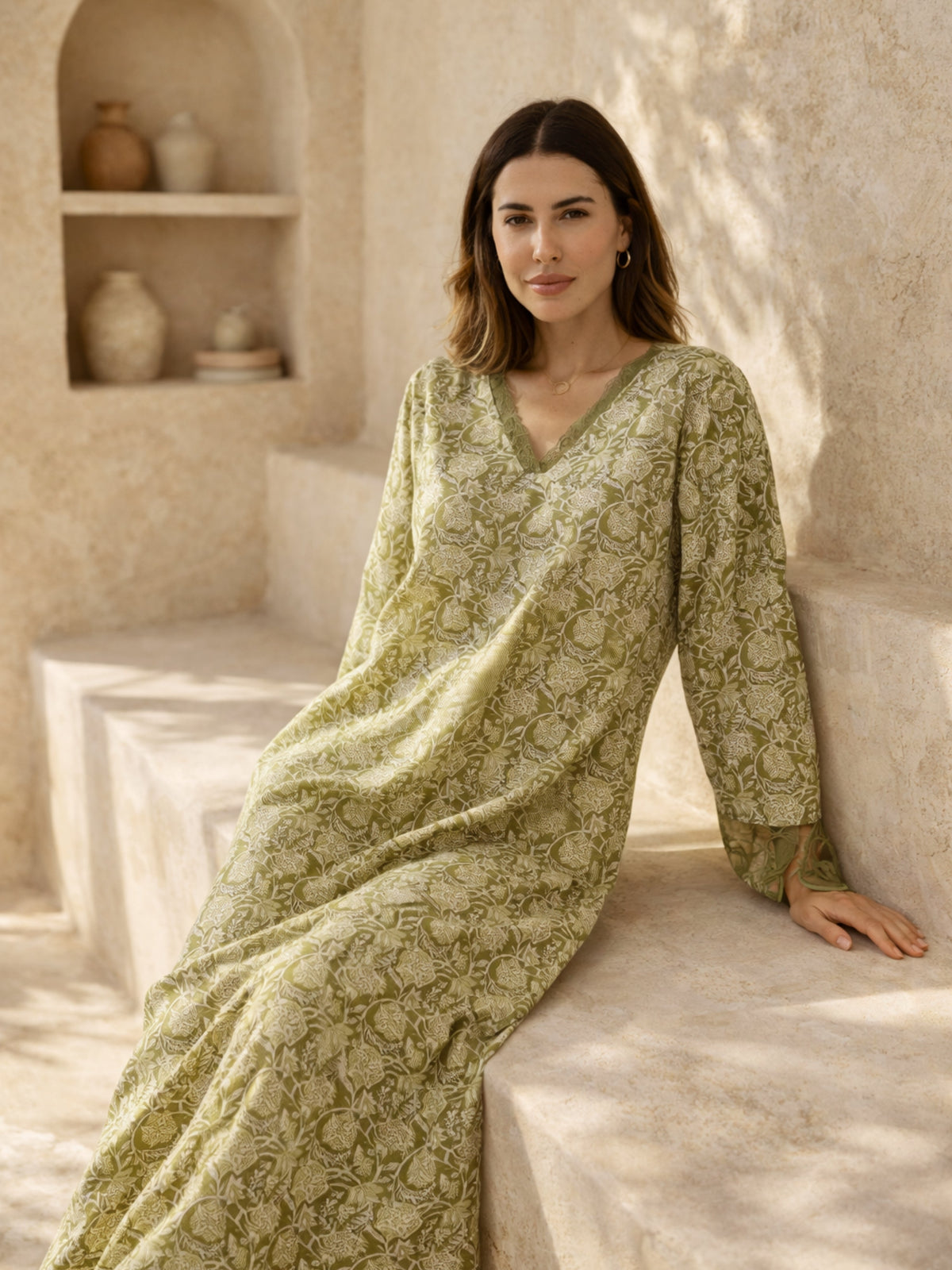 Olive Green Dazzel Floral Pure Cotton V neck Night Maxi