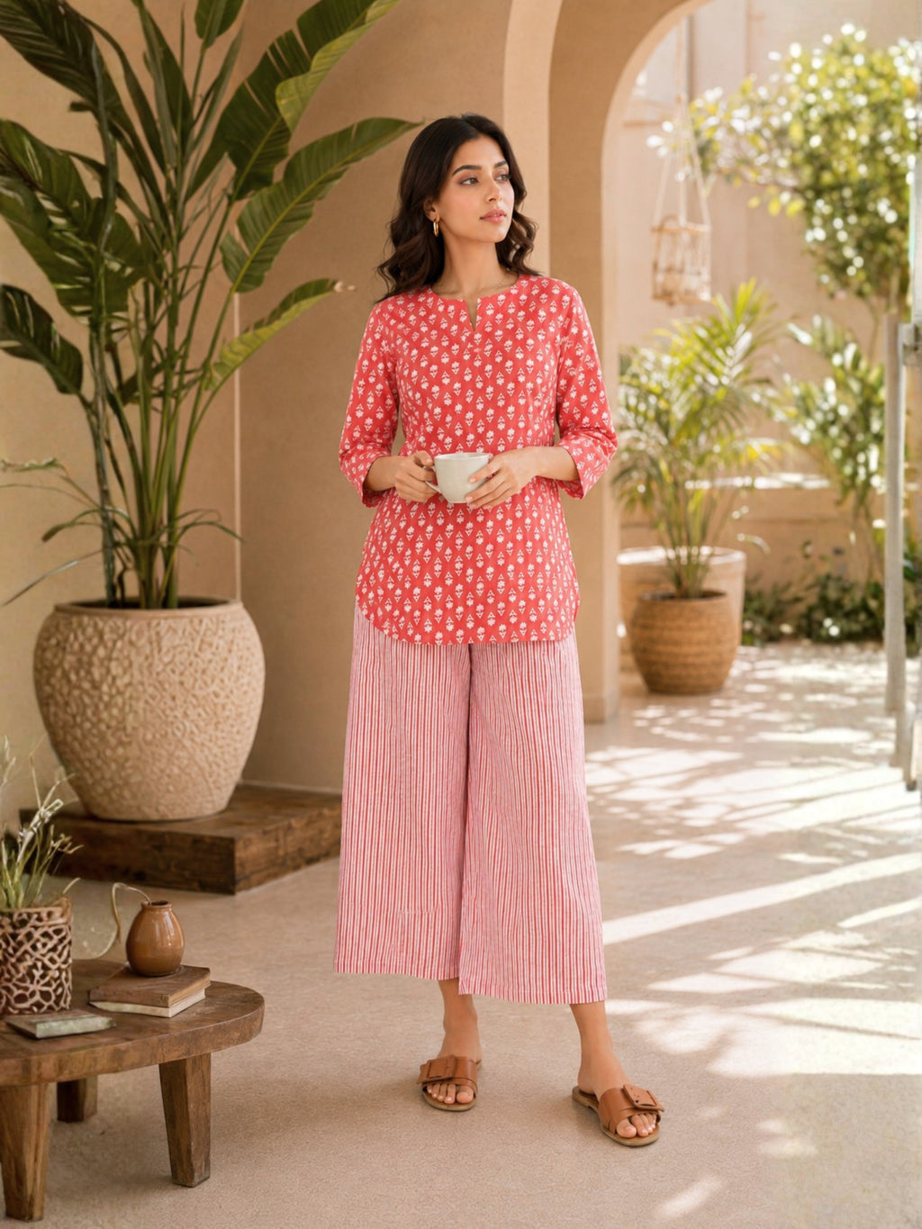 Coral Blush Block Printed cotton Lounge Wear
