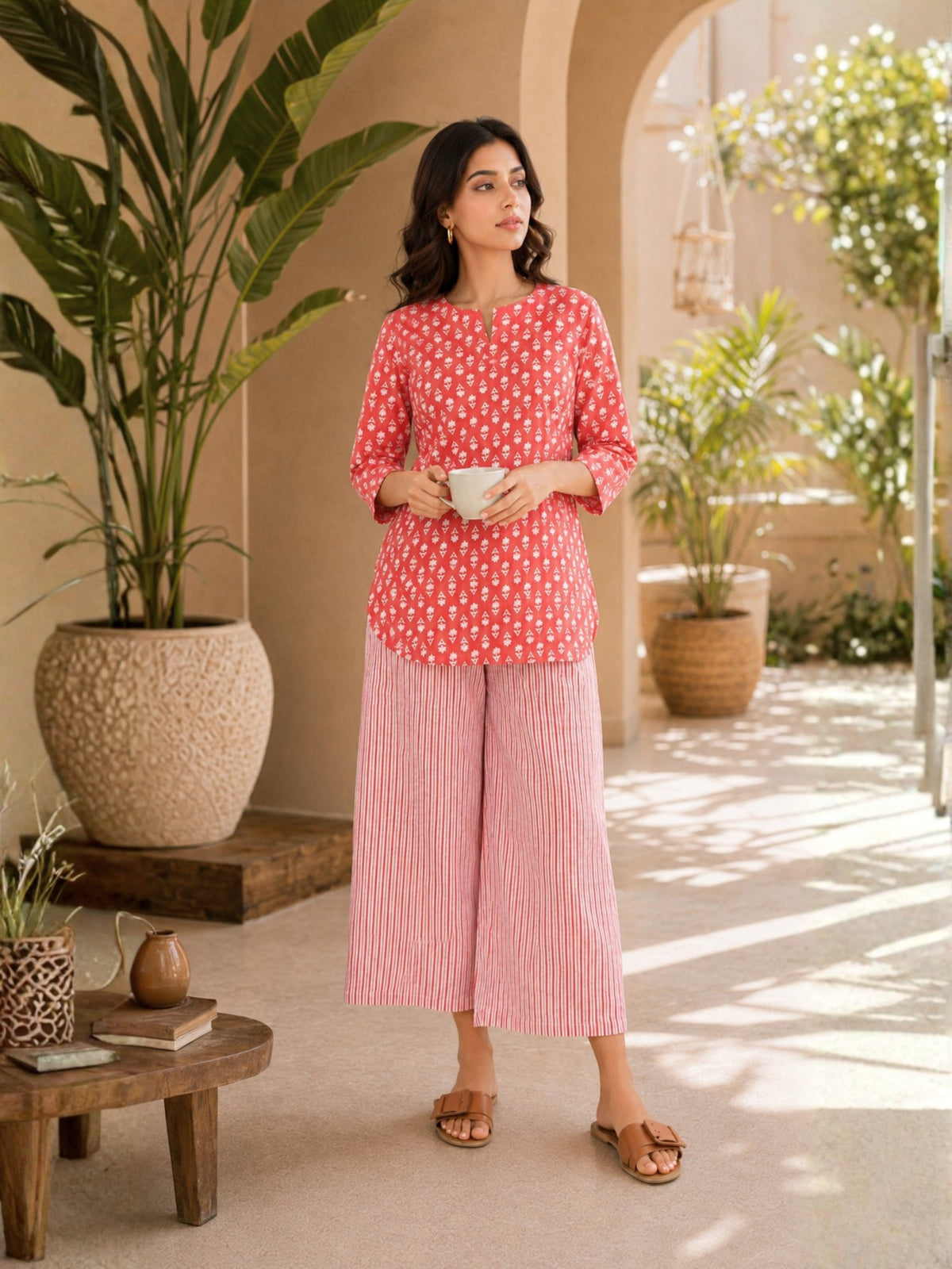 Coral Blush Block Printed cotton Lounge Wear