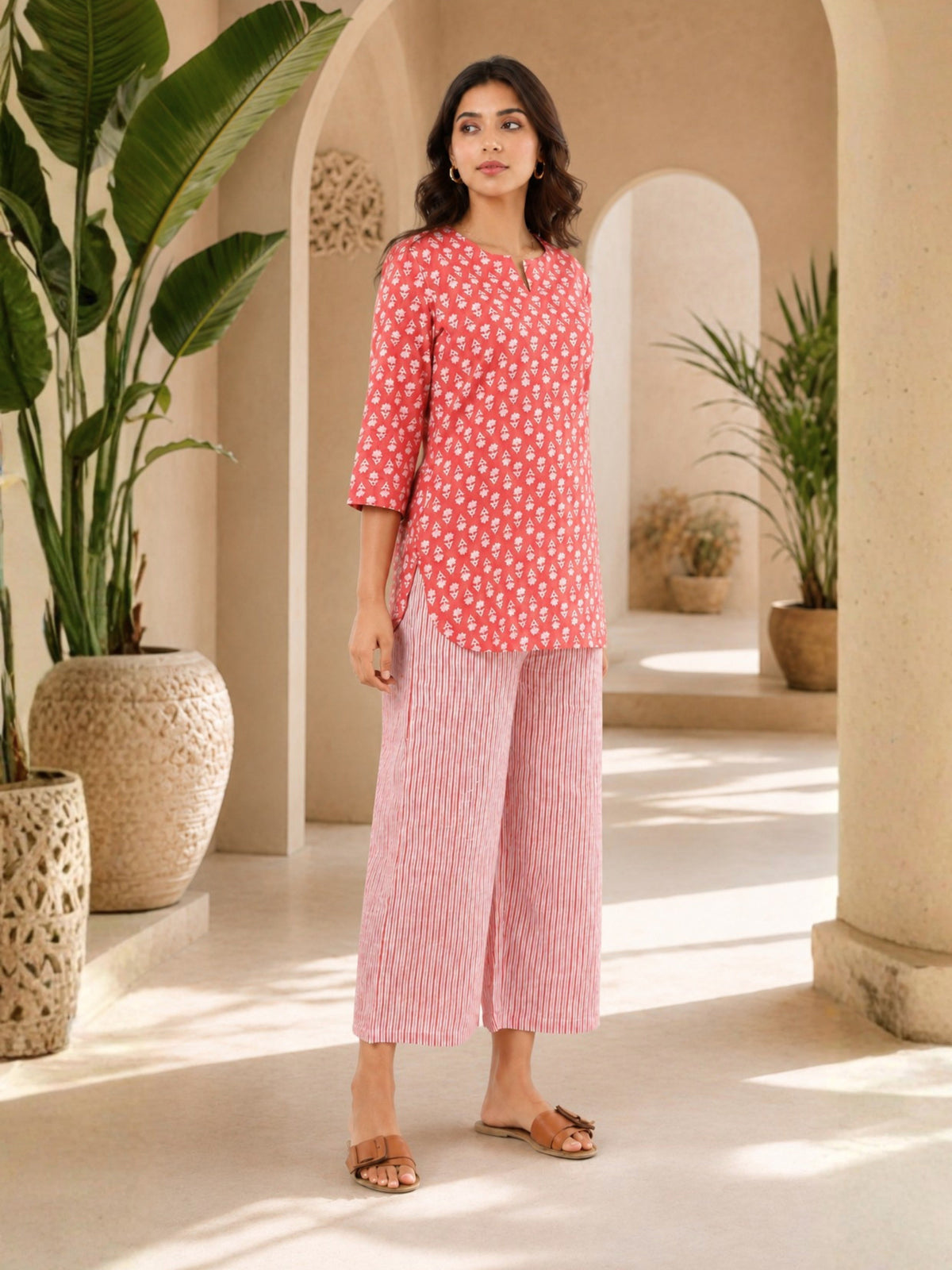 Coral Blush Block Printed cotton Lounge Wear