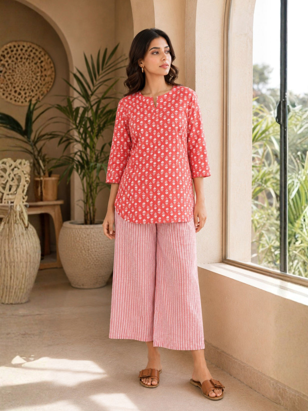 Coral Blush Block Printed cotton Lounge Wear