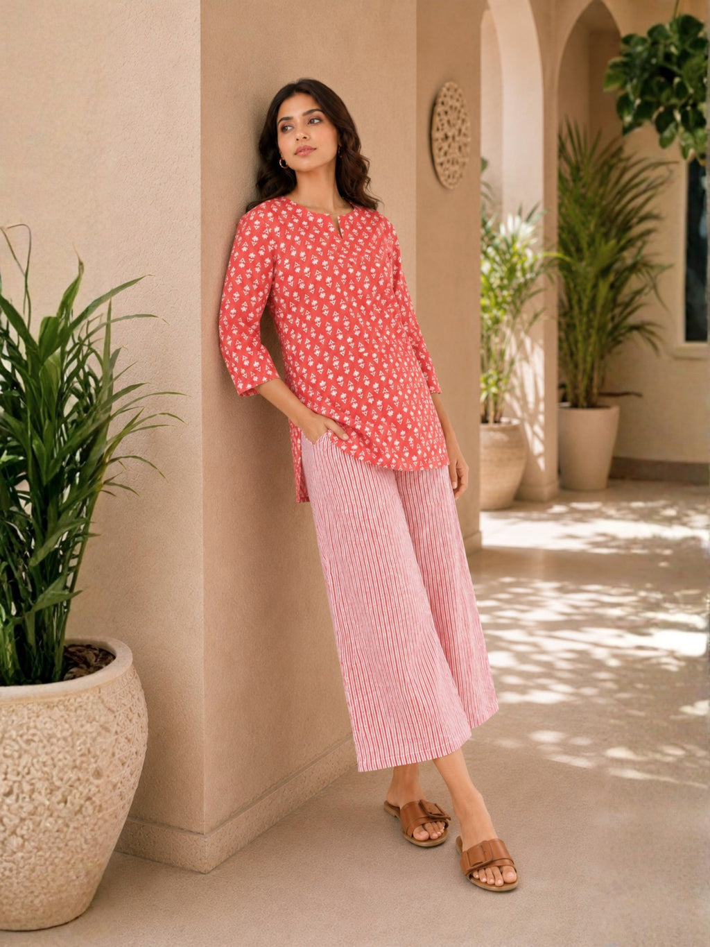 Coral Blush Block Printed cotton Lounge Wear