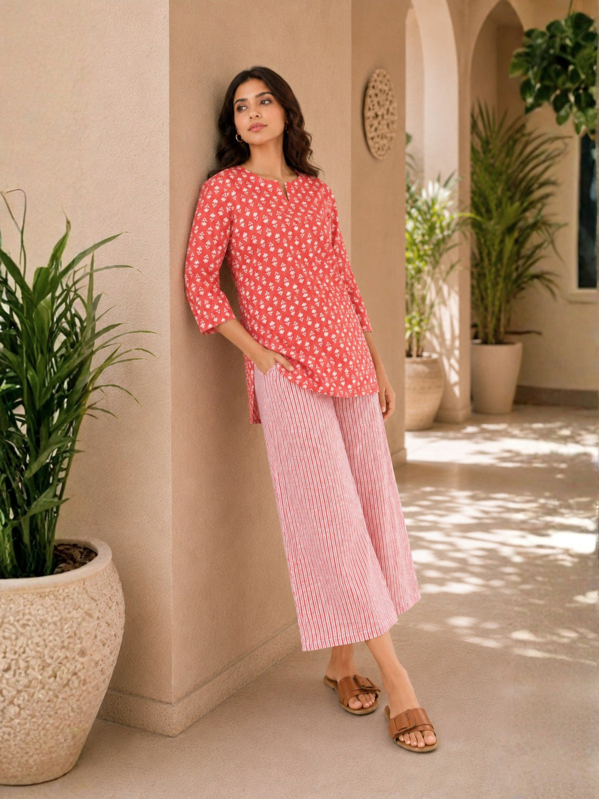 Coral Blush Block Printed cotton Lounge Wear