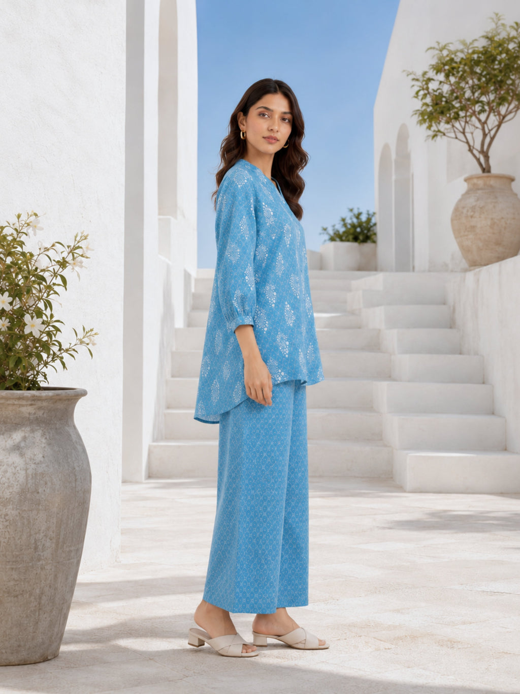 back pleated Sky Blue Pure Cotton Loungewear