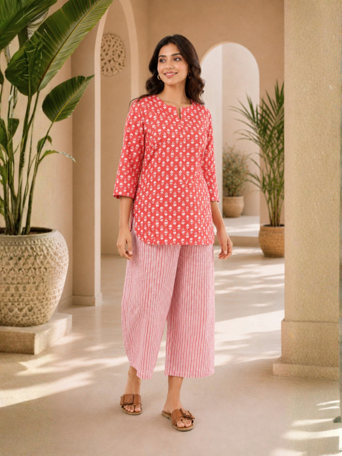 Coral Blush Block Printed cotton Lounge Wear