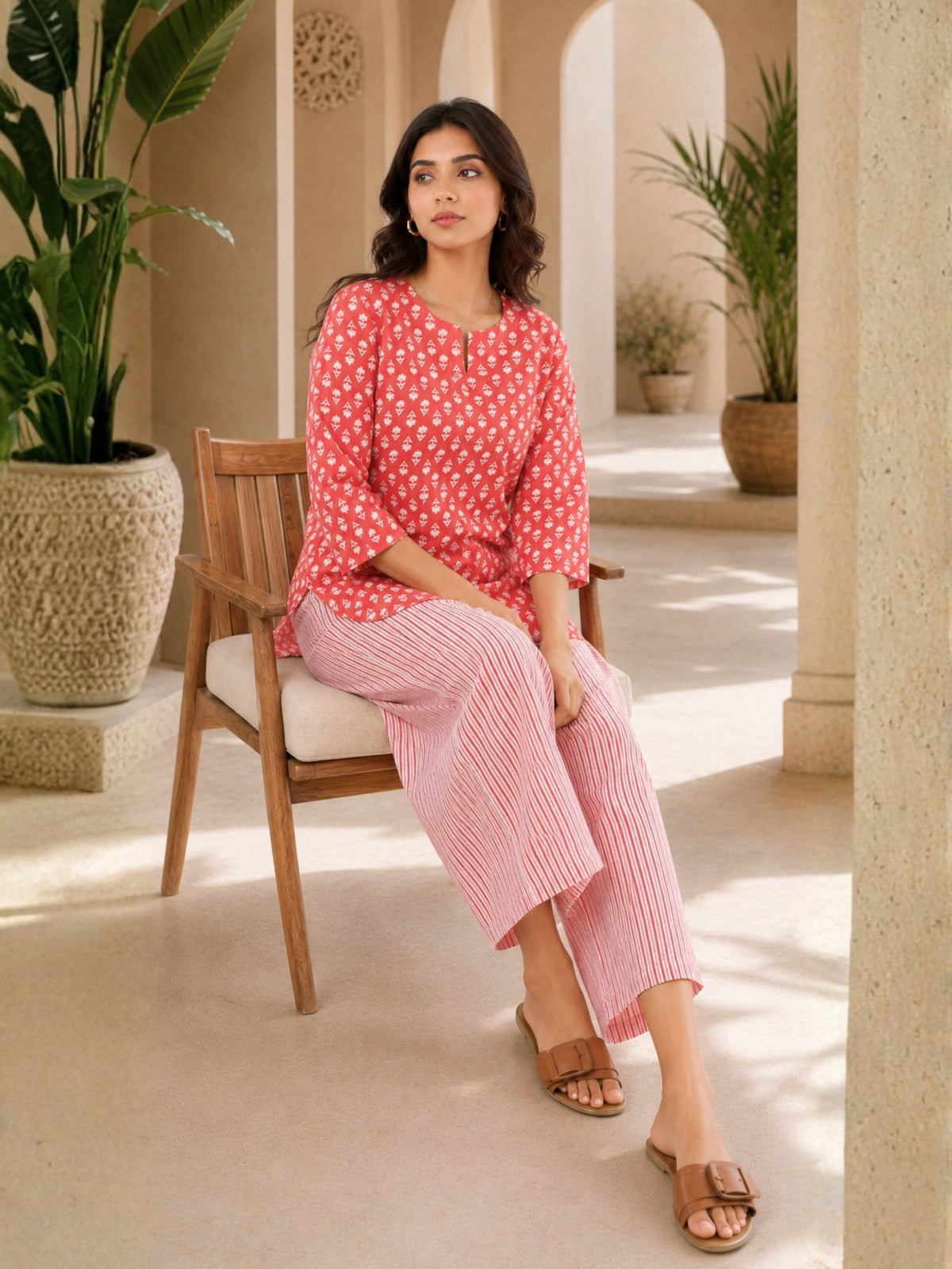 Coral Blush Block Printed cotton Lounge Wear