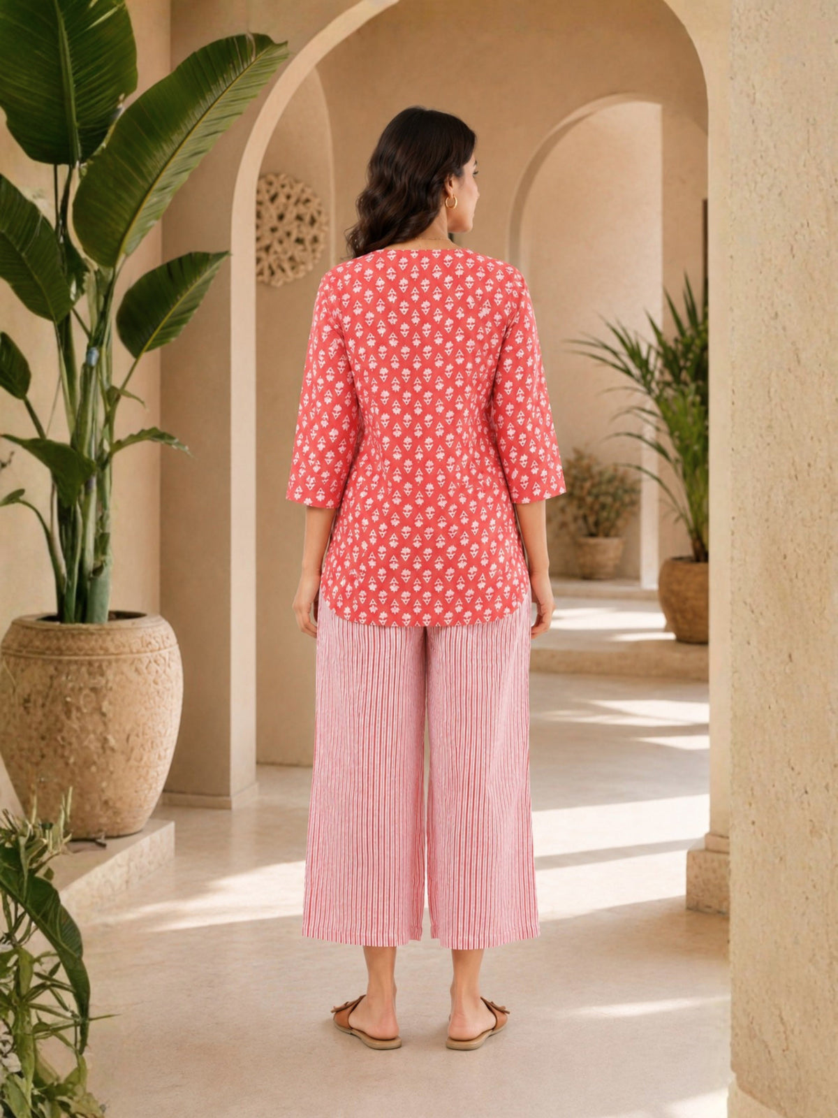Coral Blush Block Printed cotton Lounge Wear