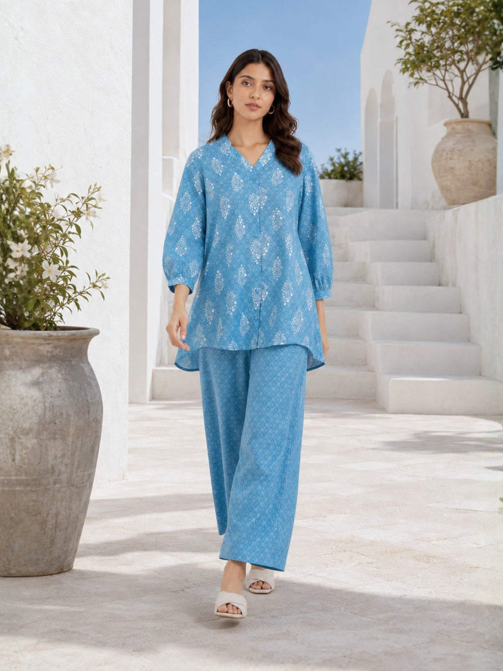 back pleated Sky Blue Pure Cotton Loungewear