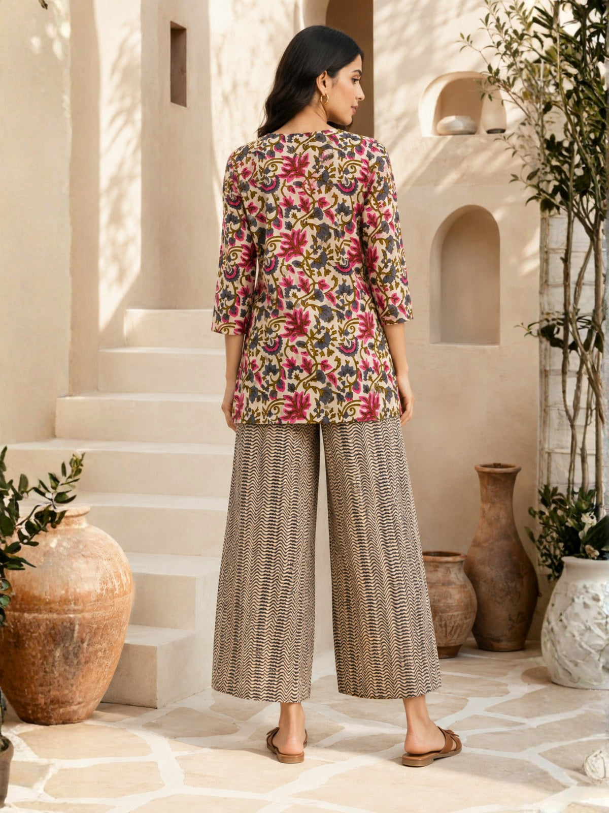 Offwhite Grey Pure Cotton Hand Printed Lounge Wear
