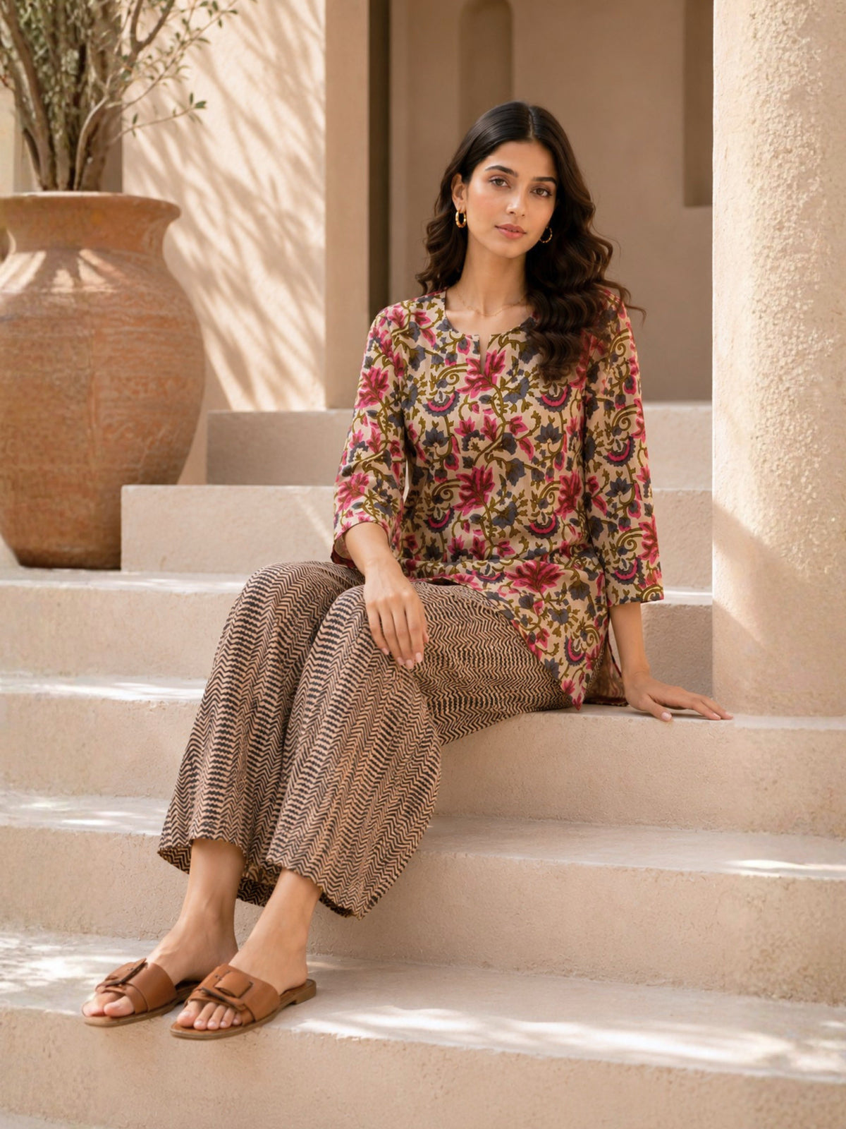 Offwhite Grey Pure Cotton Hand Printed Lounge Wear