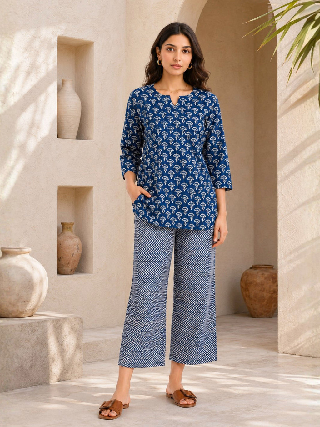 Blue Hand Block Printed Pure Cotton Lounge Wear