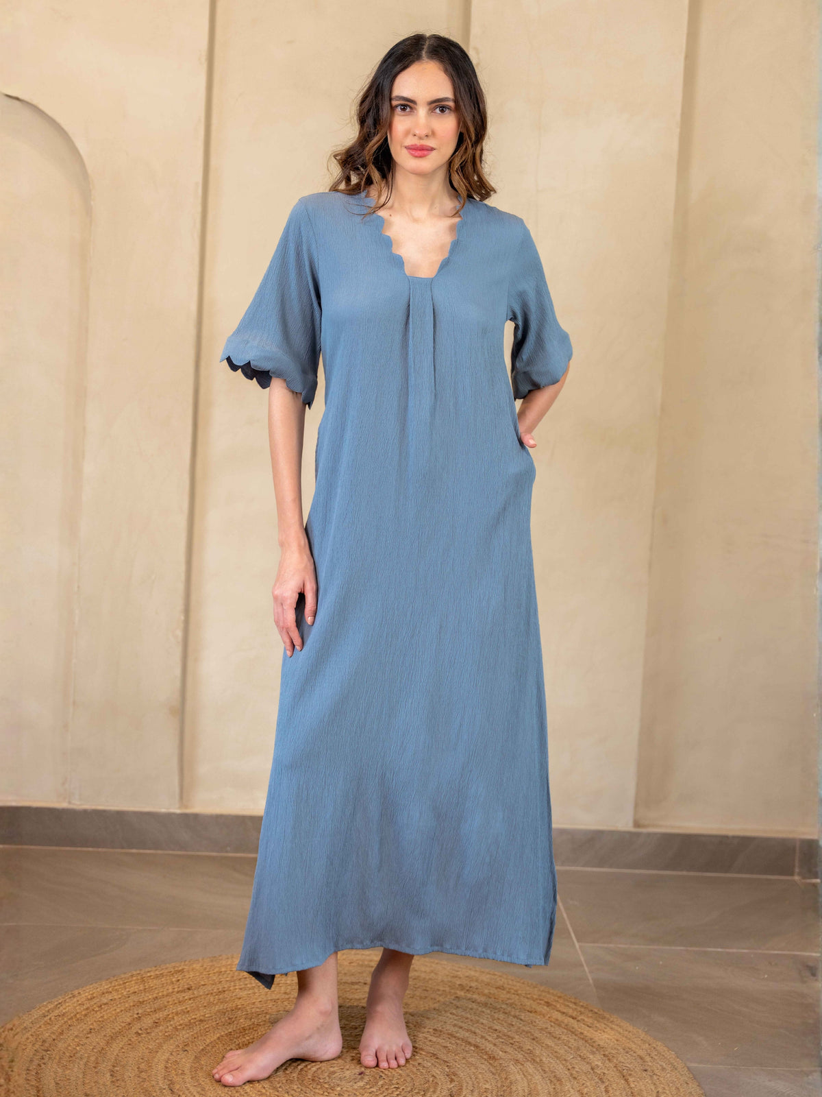 Light Blue Soft Crepe Scallop Night Maxi for Women