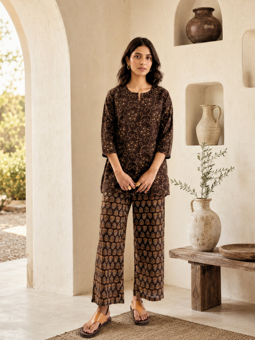 Brown Bandhani Jaal  Print Pure Cotton Round neck Co-ord set