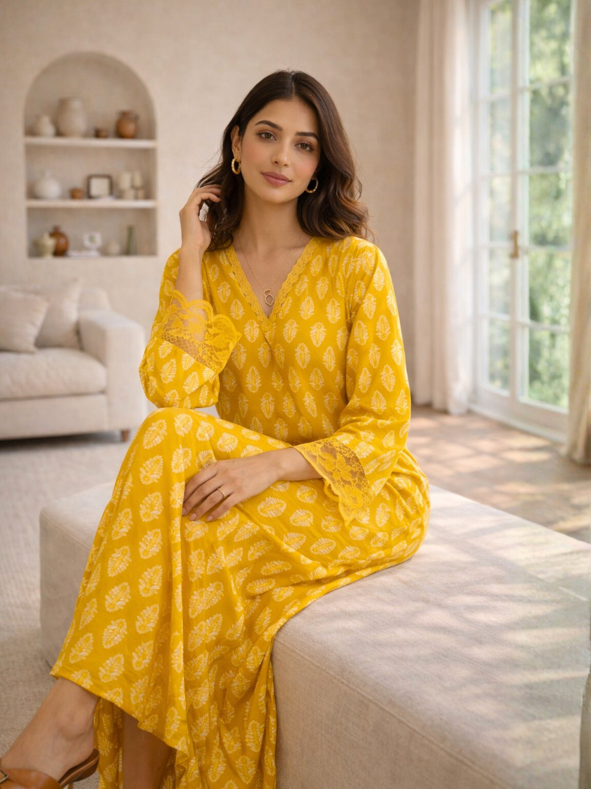 Yellow Bloom Lacy Pure Cotton V neck Night Maxi