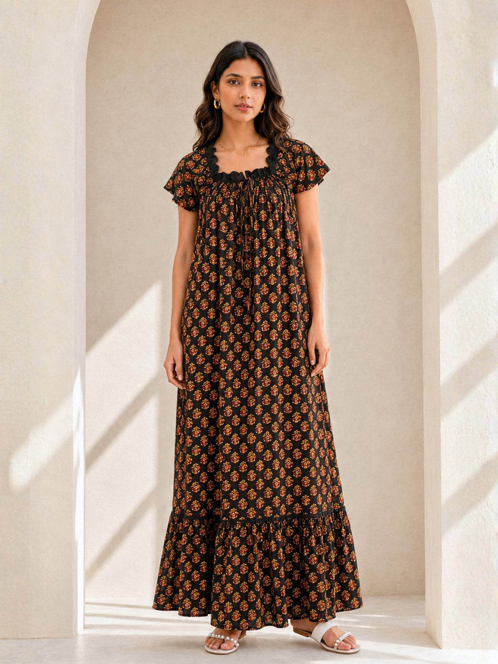 Black Buta Pure Cotton Tie-Up Square Neck Night Maxi for Women