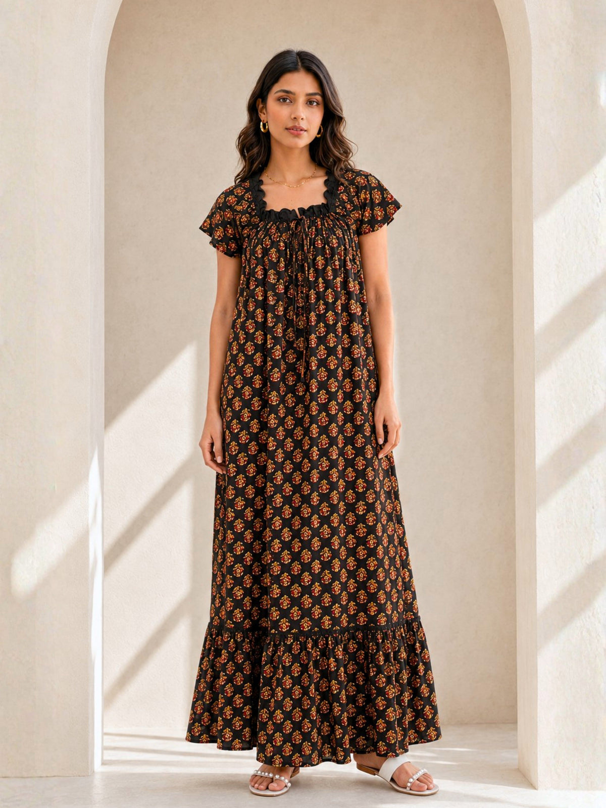 Black Buta Pure Cotton Tie-Up Square Neck Night Maxi for Women
