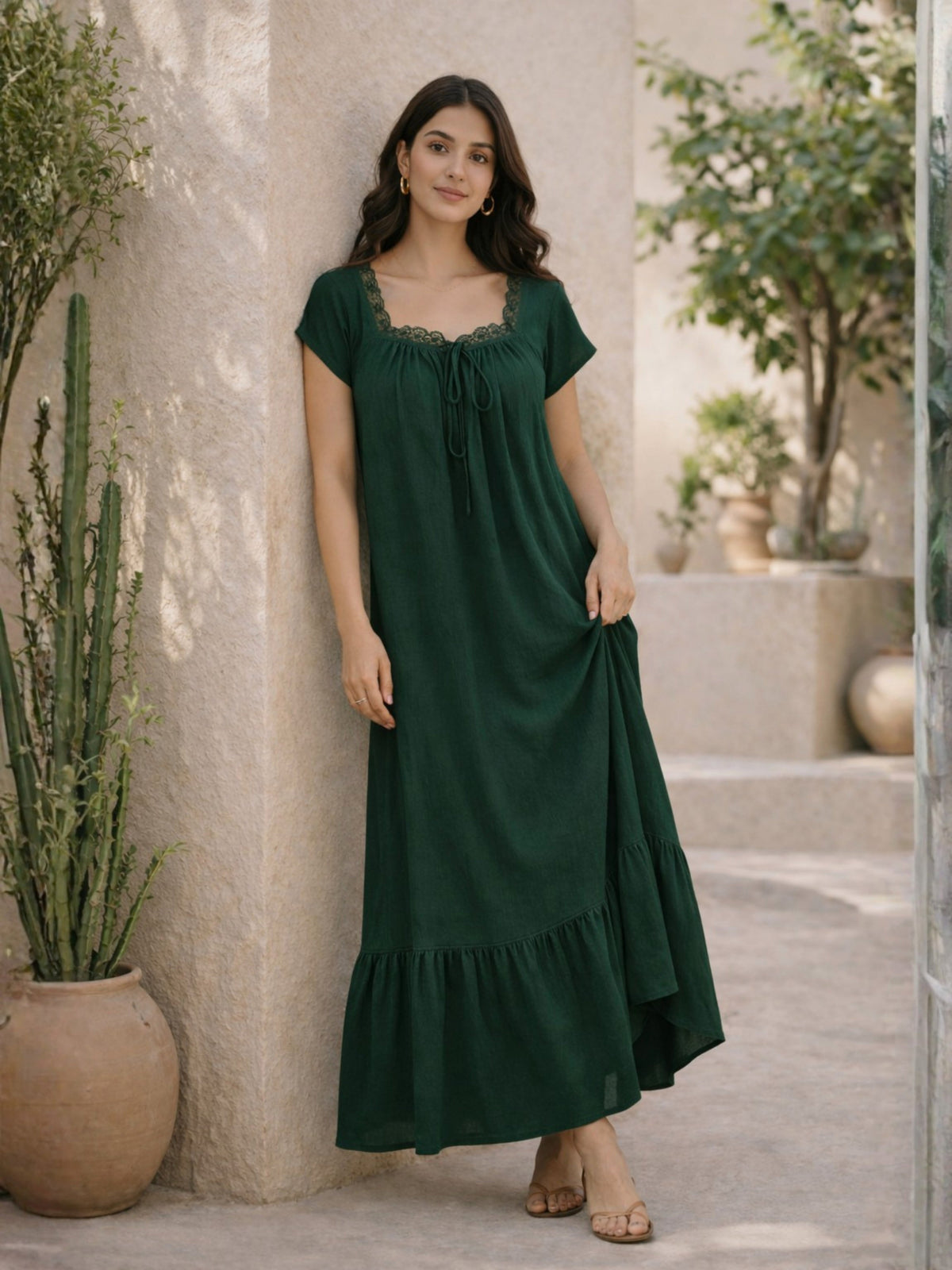 Emerald Green Flared Soft Crepe Night Maxi
