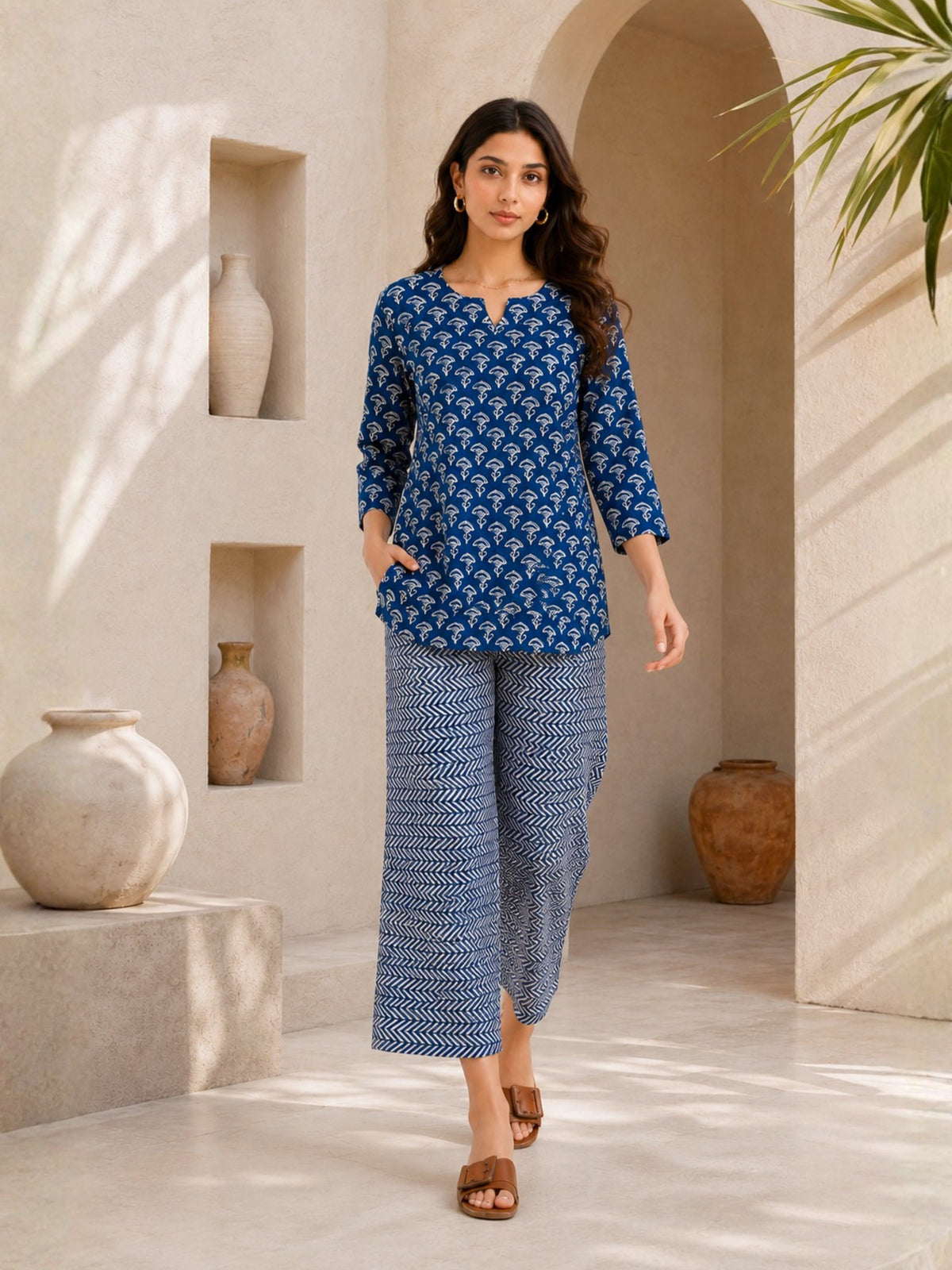 Blue Hand Block Printed Pure Cotton Lounge Wear