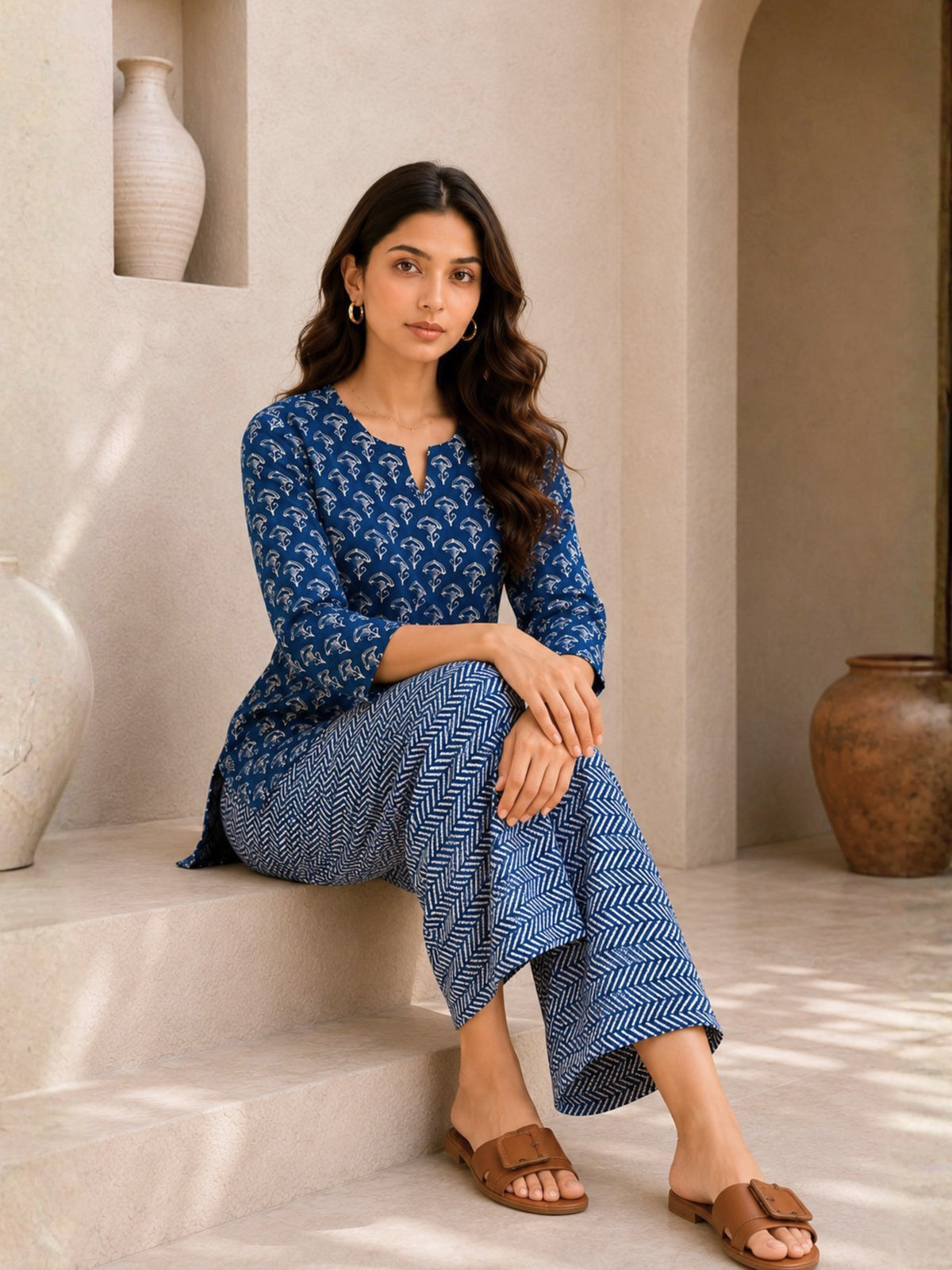 Blue Hand Block Printed Pure Cotton Lounge Wear