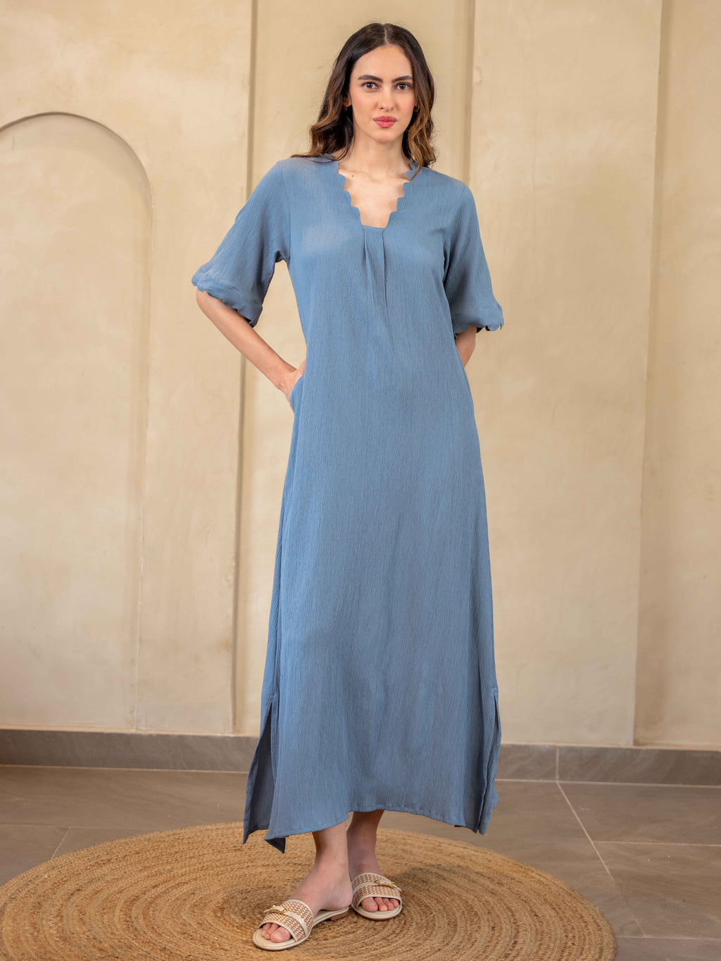Light Blue Soft Crepe Scallop Night Maxi for Women