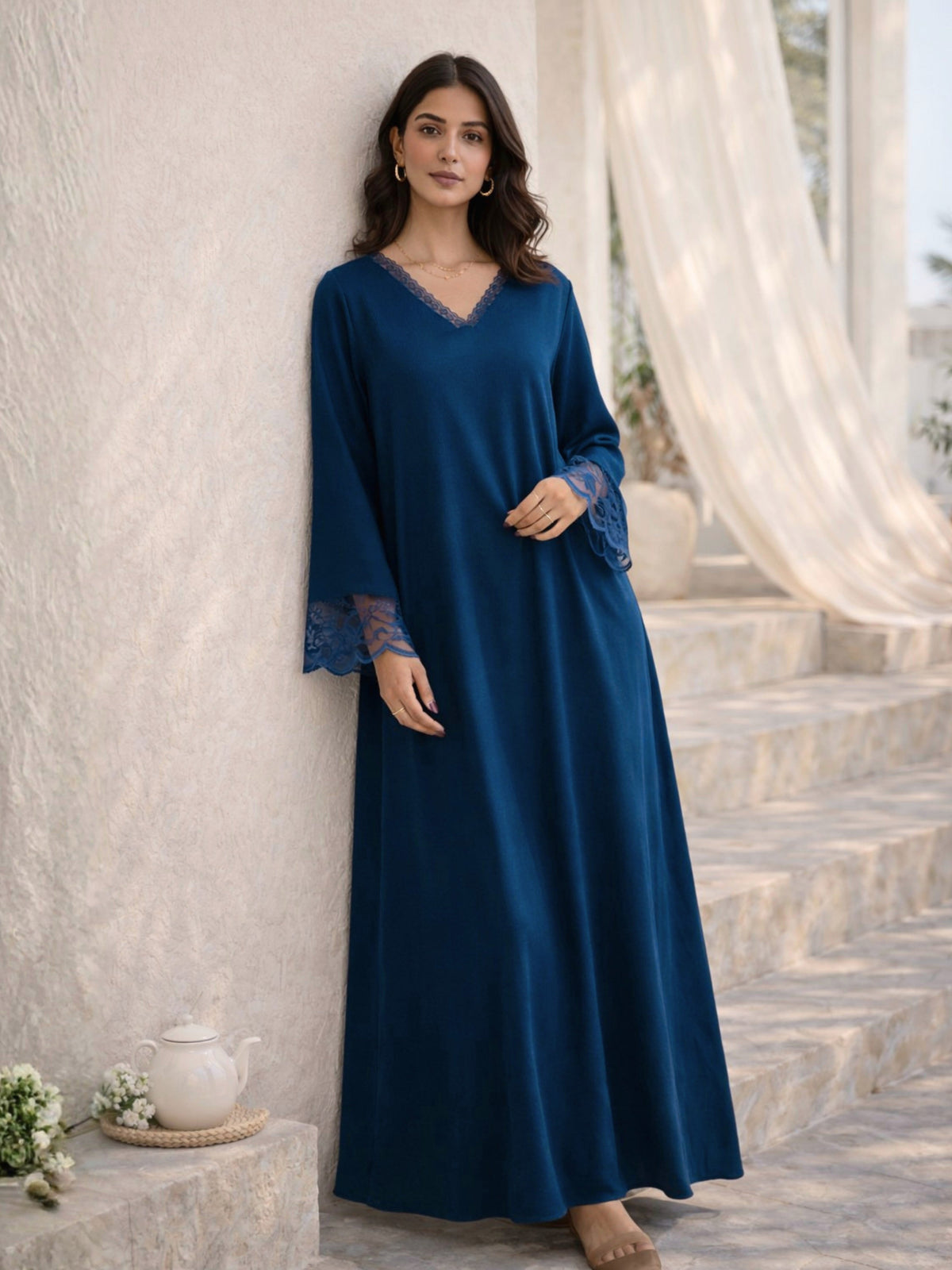 Teal Blue Soft Crepe V-Neck Maxi