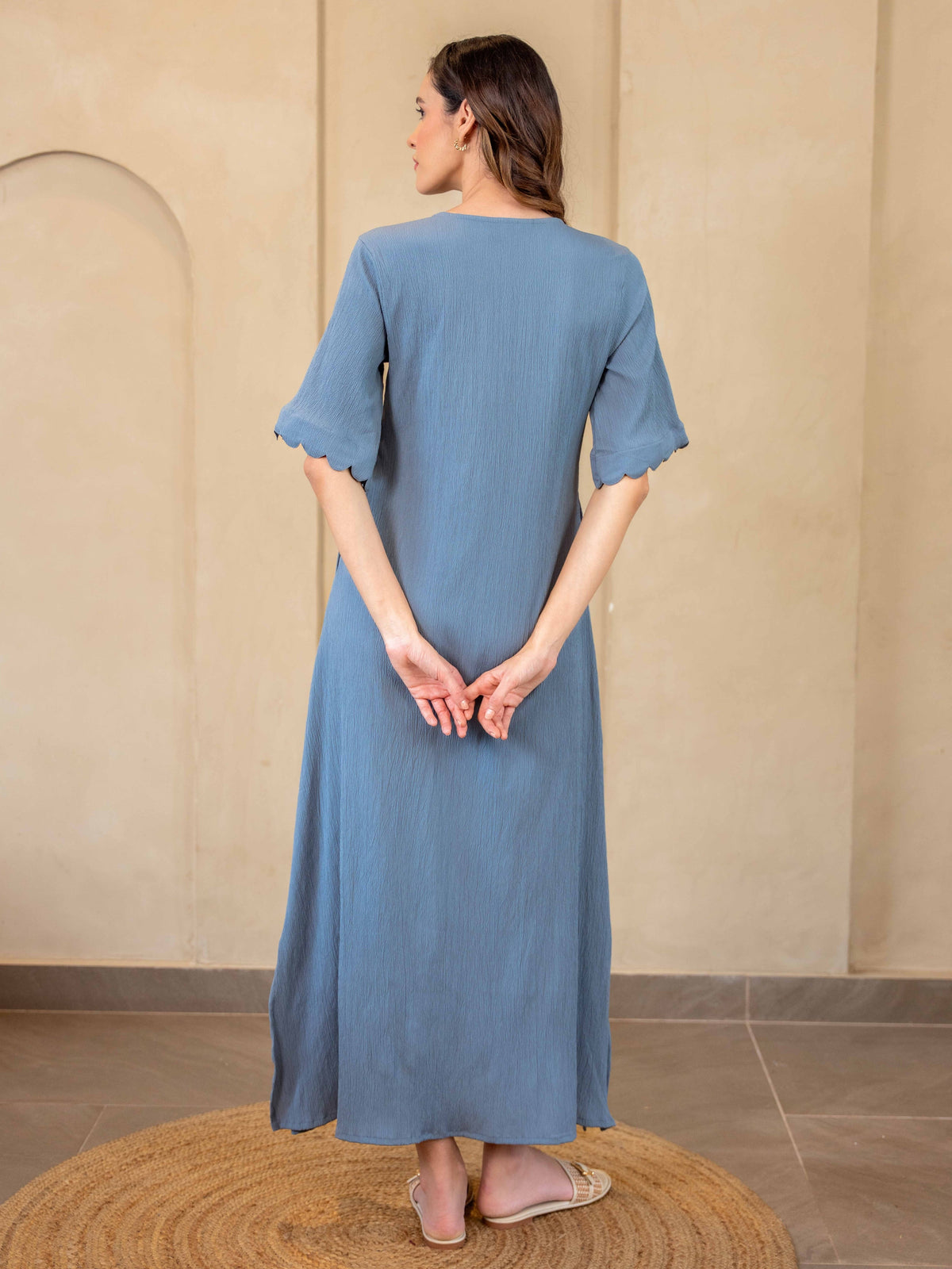 Light Blue Soft Crepe Scallop Night Maxi for Women