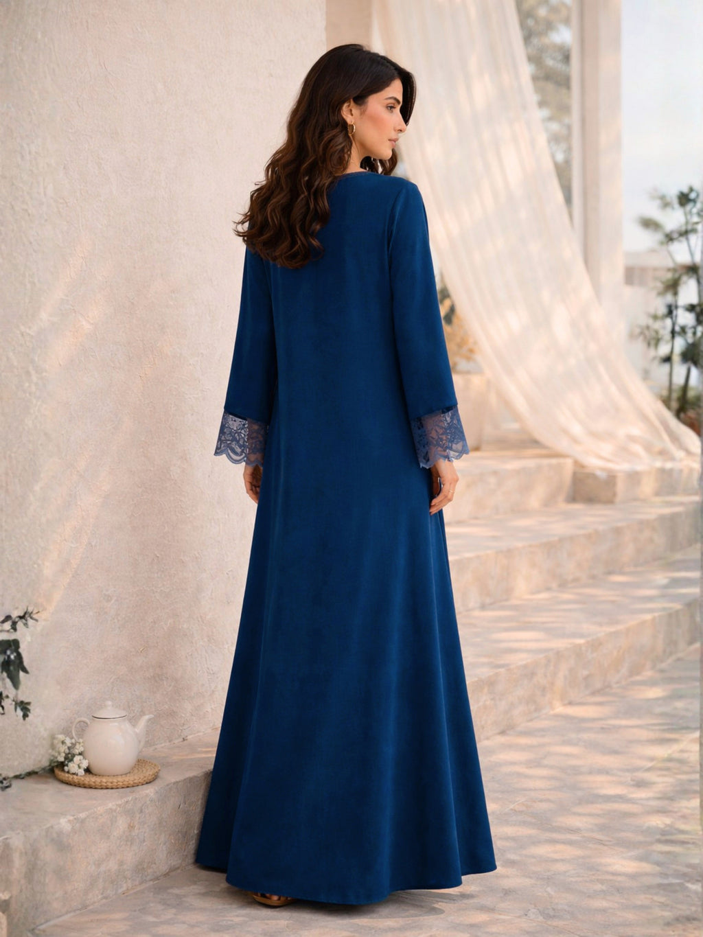 Teal Blue Soft Crepe V-Neck Maxi