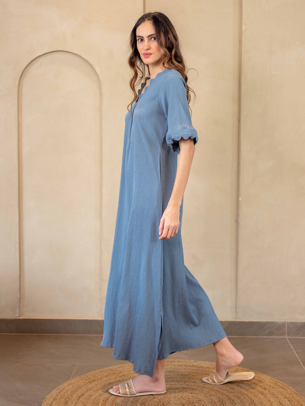 Light Blue Soft Crepe Scallop Night Maxi for Women
