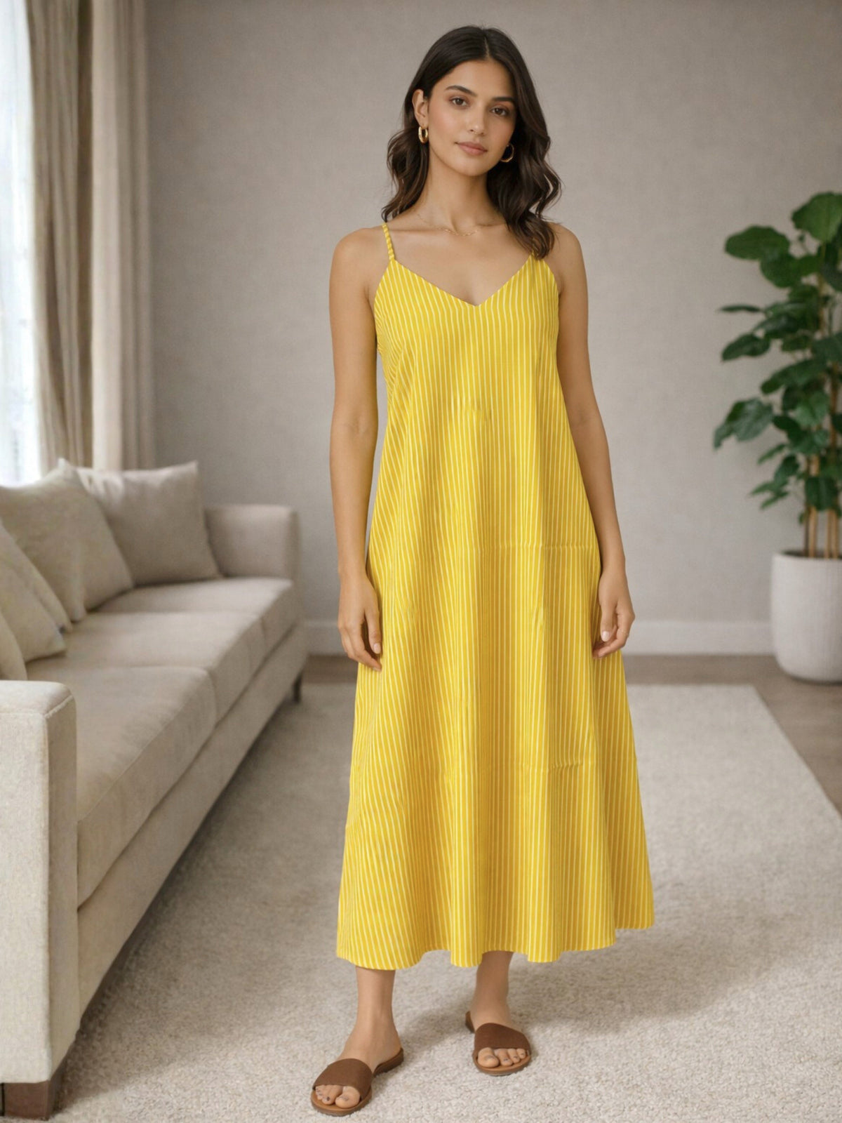 Mimosa Floral Pure Cotton Women's Strap Maxi with Robe