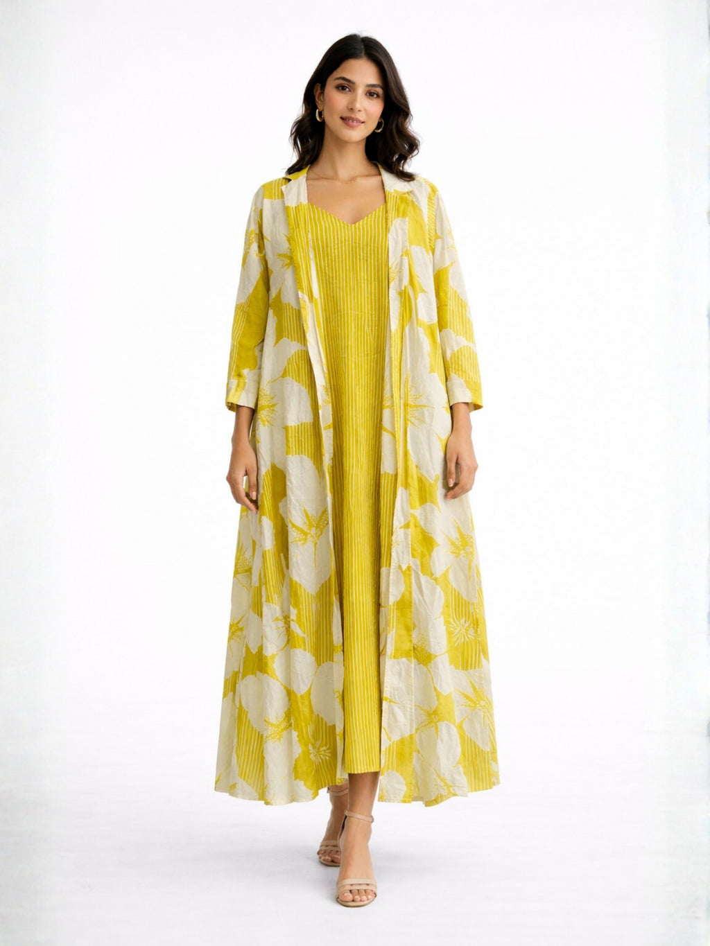 Mimosa Floral Pure Cotton Women's Strap Maxi with Robe