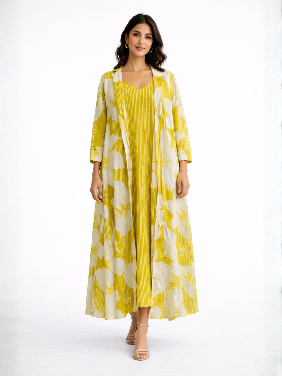 Mimosa Floral Pure Cotton Women's Strap Maxi with Robe