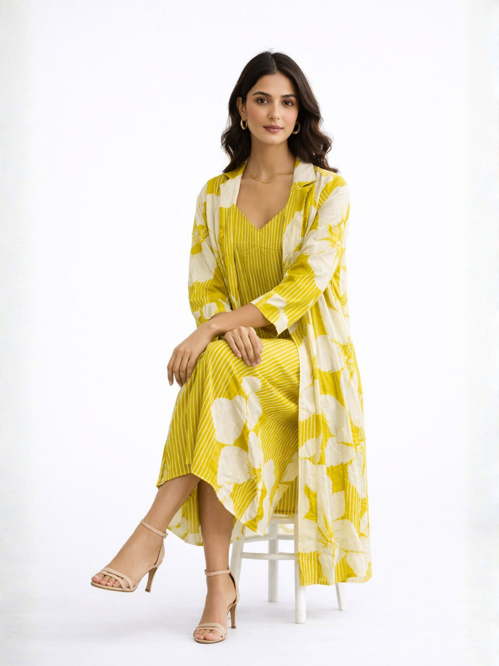 Mimosa Floral Pure Cotton Women's Strap Maxi with Robe