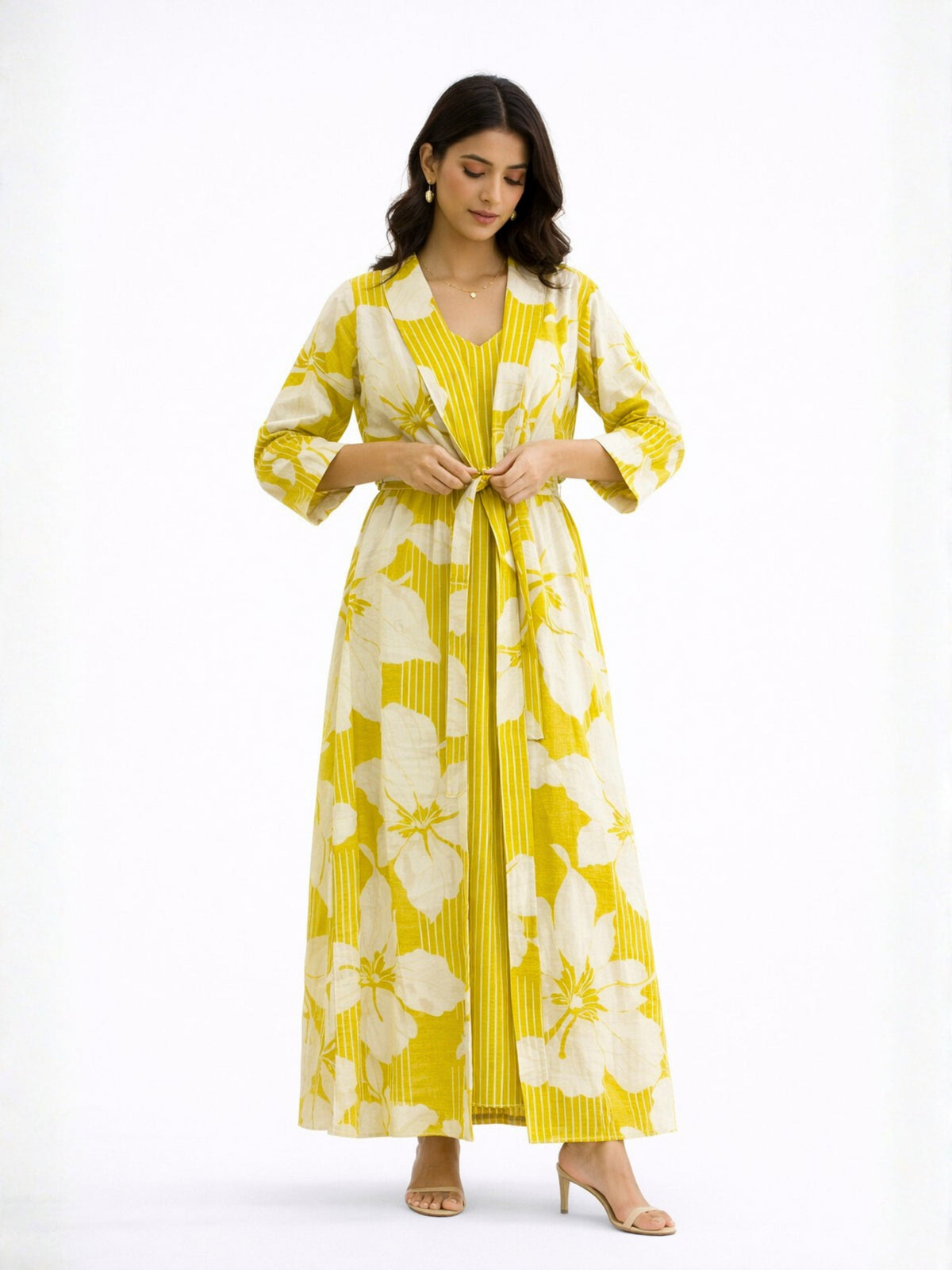 Mimosa Floral Pure Cotton Women's Strap Maxi with Robe